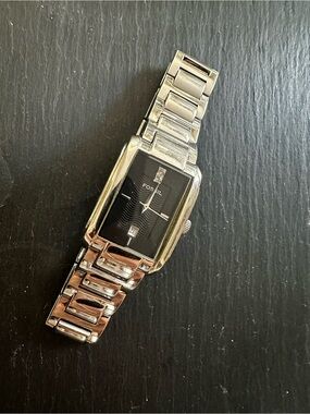 Fossil Rectangular Stainless Steel Bracelet Watch with Black Dial